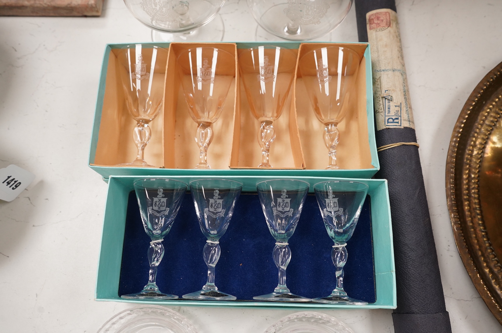 A collection of glass from the company of glass sellers. Including a replica of a gift given to Elizabeth II as a wedding gift, with a letter from the palace.